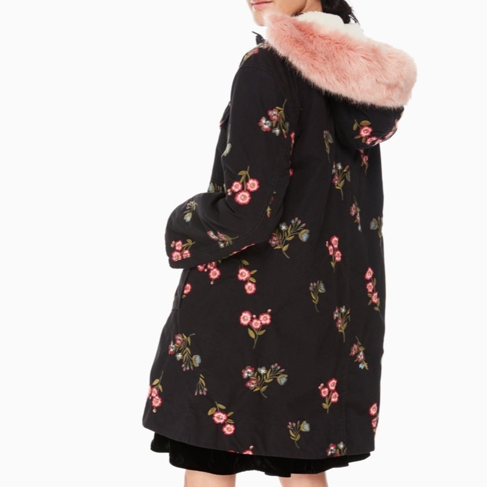 Kate Spade Black Floral Jacket with Pink Fur Trim - Picture 5 of 11